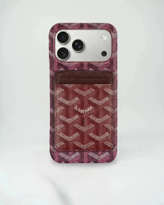 Burgundy Goyard iPhone 17 Pro Max MagSafe Case with Cardholder, Goyard Pattern BREATHE