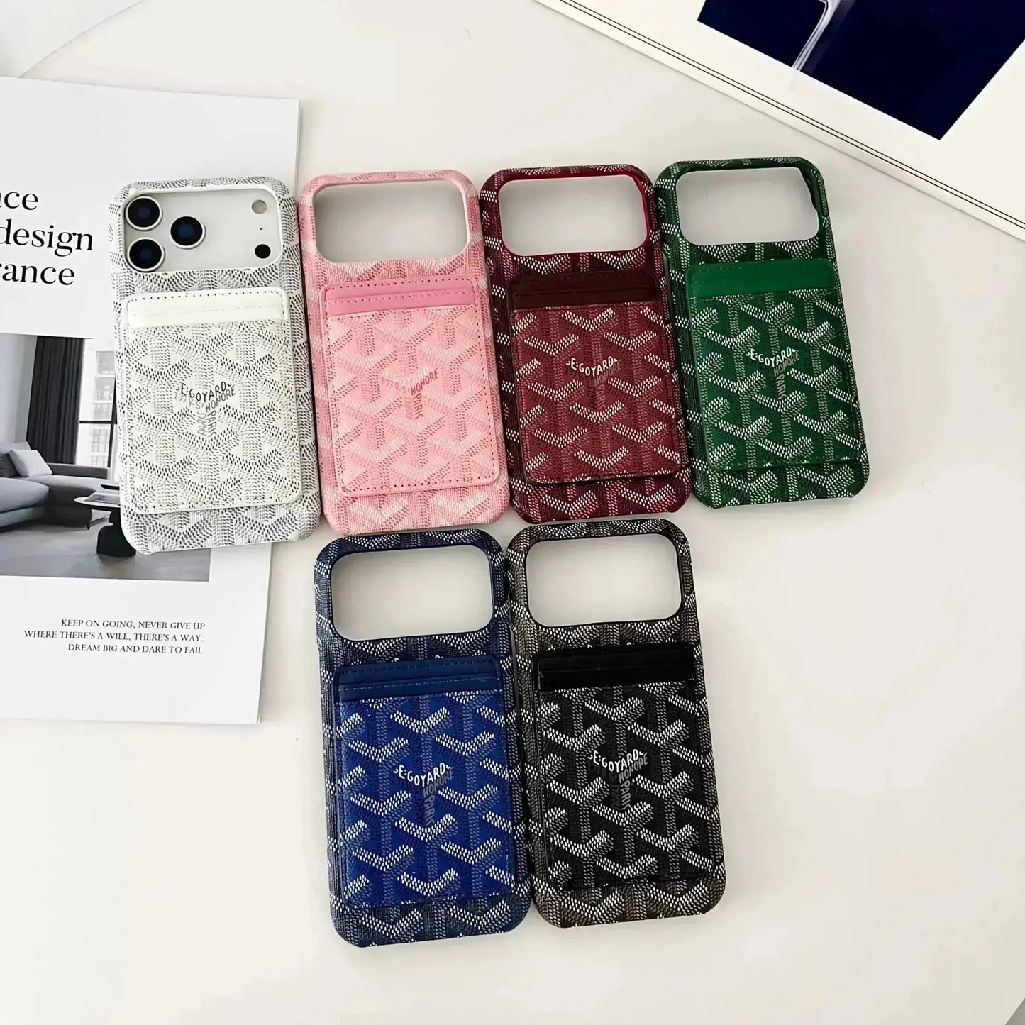 White Goyard iPhone 17 Pro Max MagSafe Case with Cardholder, Goyard Pattern BREATHE