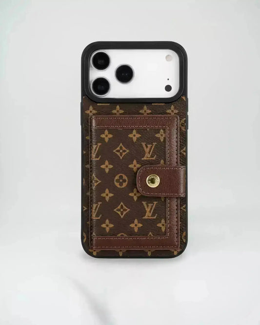 Louis Vuitton iPhone 17 Pro Max Case With Cardholder – Classic Brown Card Holder, Luxury Protective Cover BREATHE