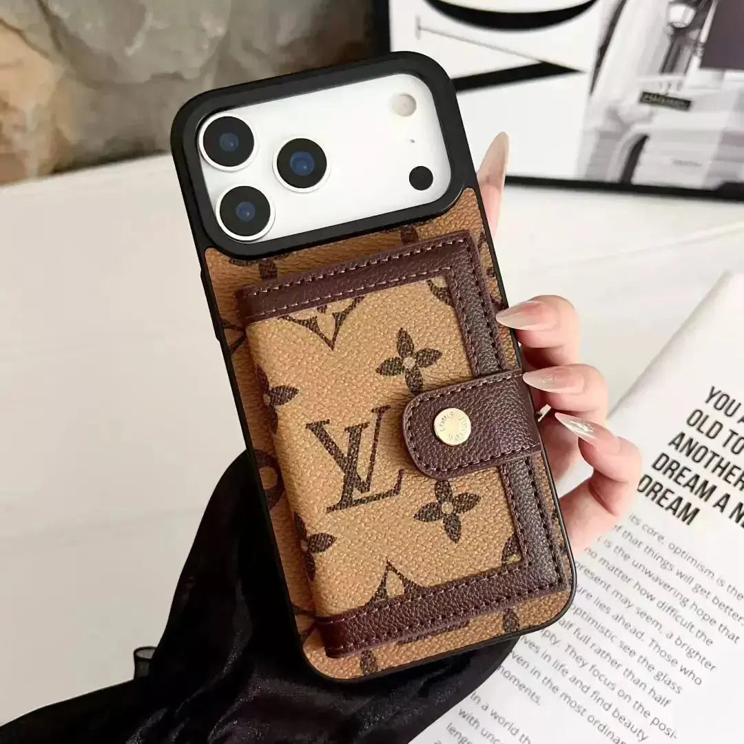 Louis Vuitton iPhone 17 Pro Max Case With Cardholder – Light Tan Card Holder, Luxury Protective Cover BREATHE