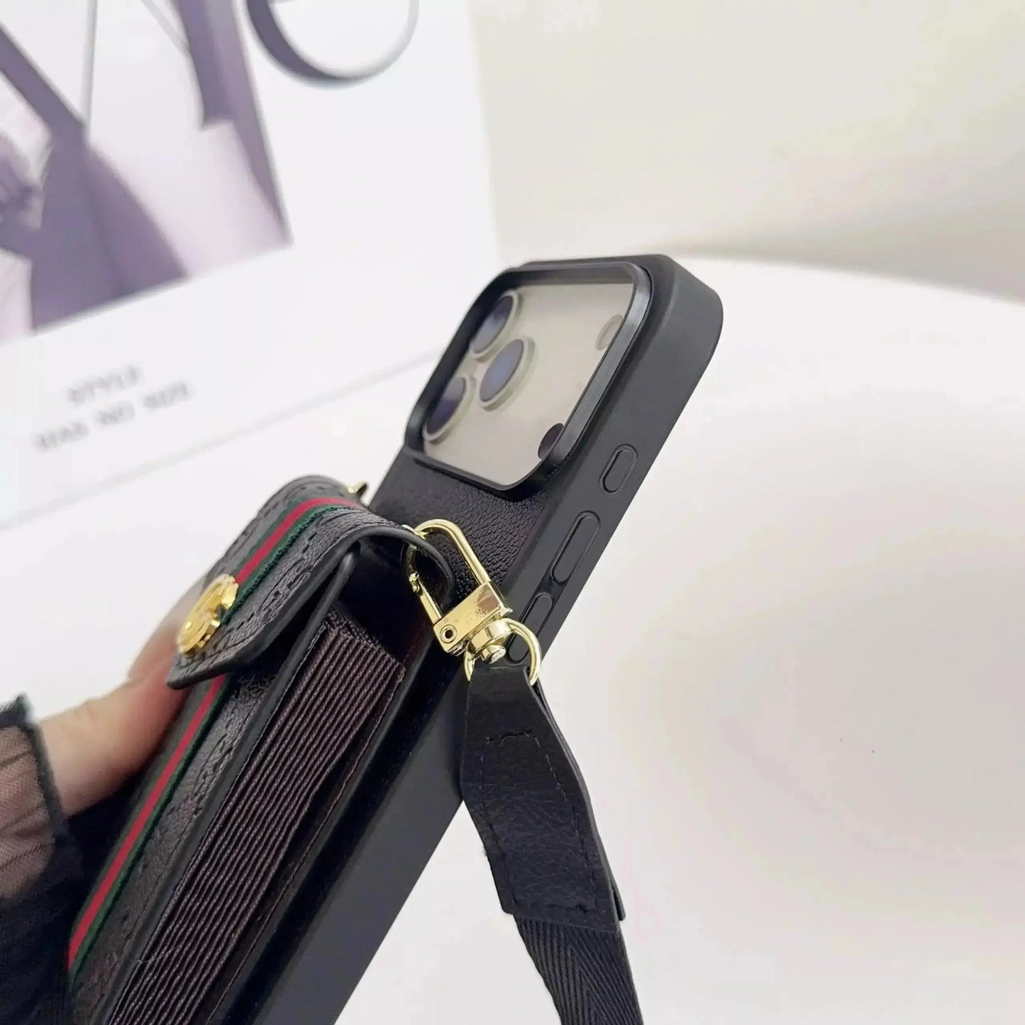 Black Gucci iPhone 17 Pro Max Case with CardHolder - Gucci iPhone case with Strap BREATHE
