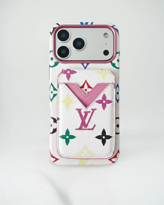 White Monogram Multicolors Louis Vuitton iPhone 17 Pro Max Case with Cardholder – Classic Canvas Luxury