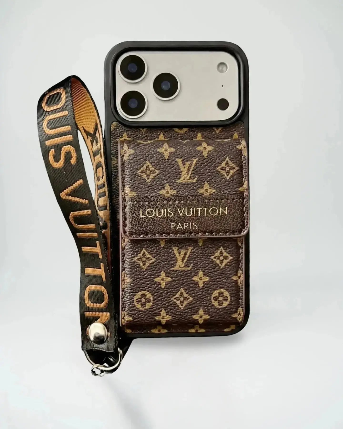 Louis Vuitton phone case with strap on a white background