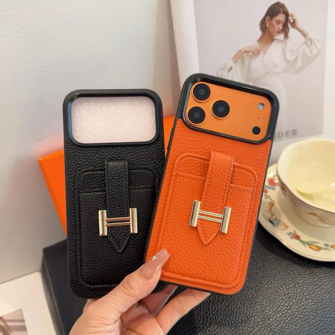 Hermès iPhone 17 Pro Max Case – Black Leather Card Holder Luxury Designer Cover BREATHE