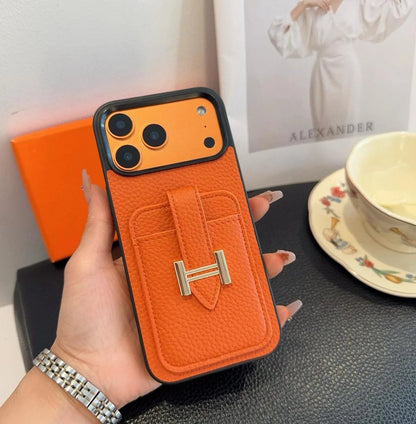 Hermès iPhone 17 Pro Max Case – Black Leather Card Holder Luxury Designer Cover BREATHE